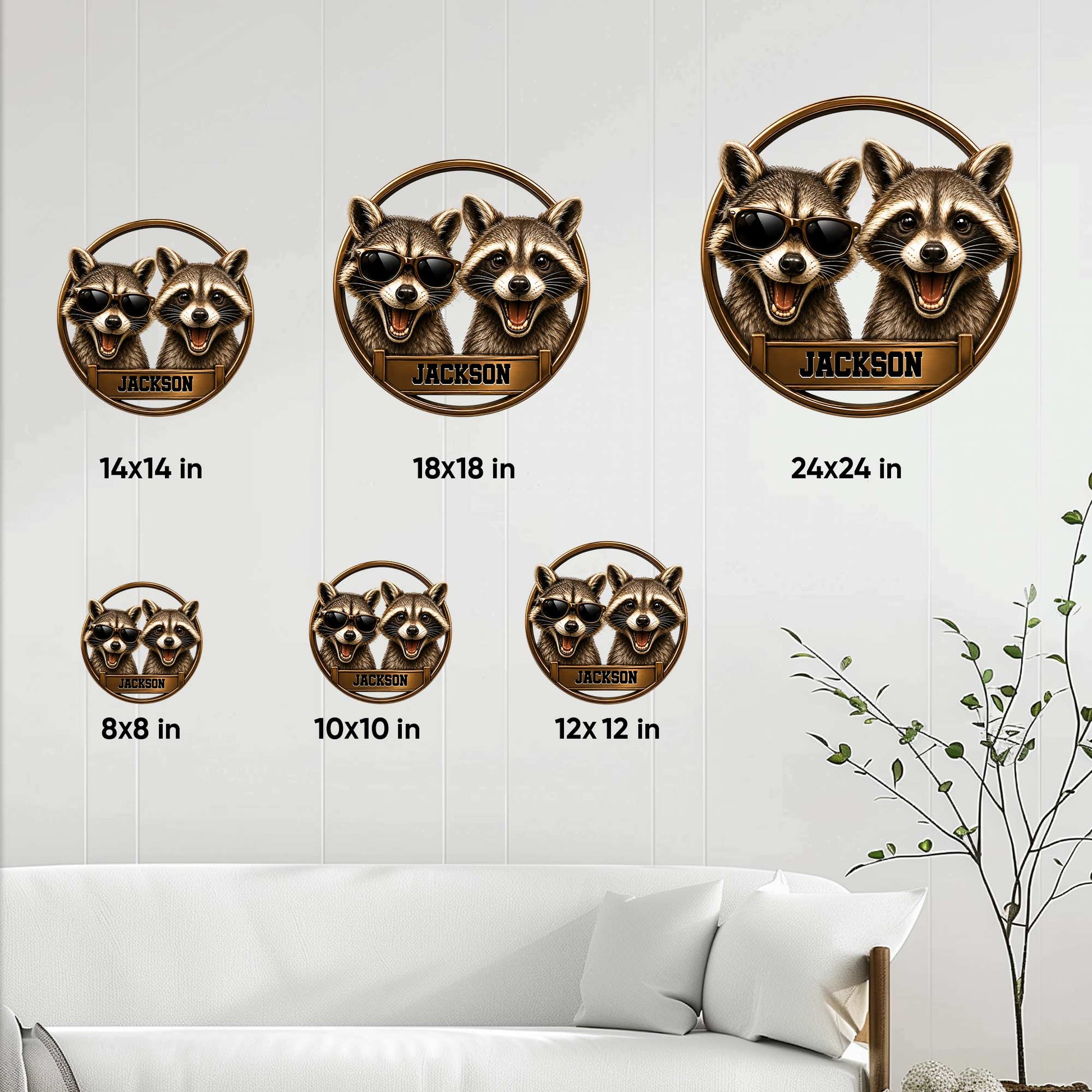 Raccoon metal sign size guide showing available 8x8, 10x10, 12x12, 14x14, 18x18, and 24x24 inch sizes