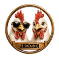 Custom chicken metal sign featuring two humorous chickens, one wearing sunglasses, in a round gold-toned design
