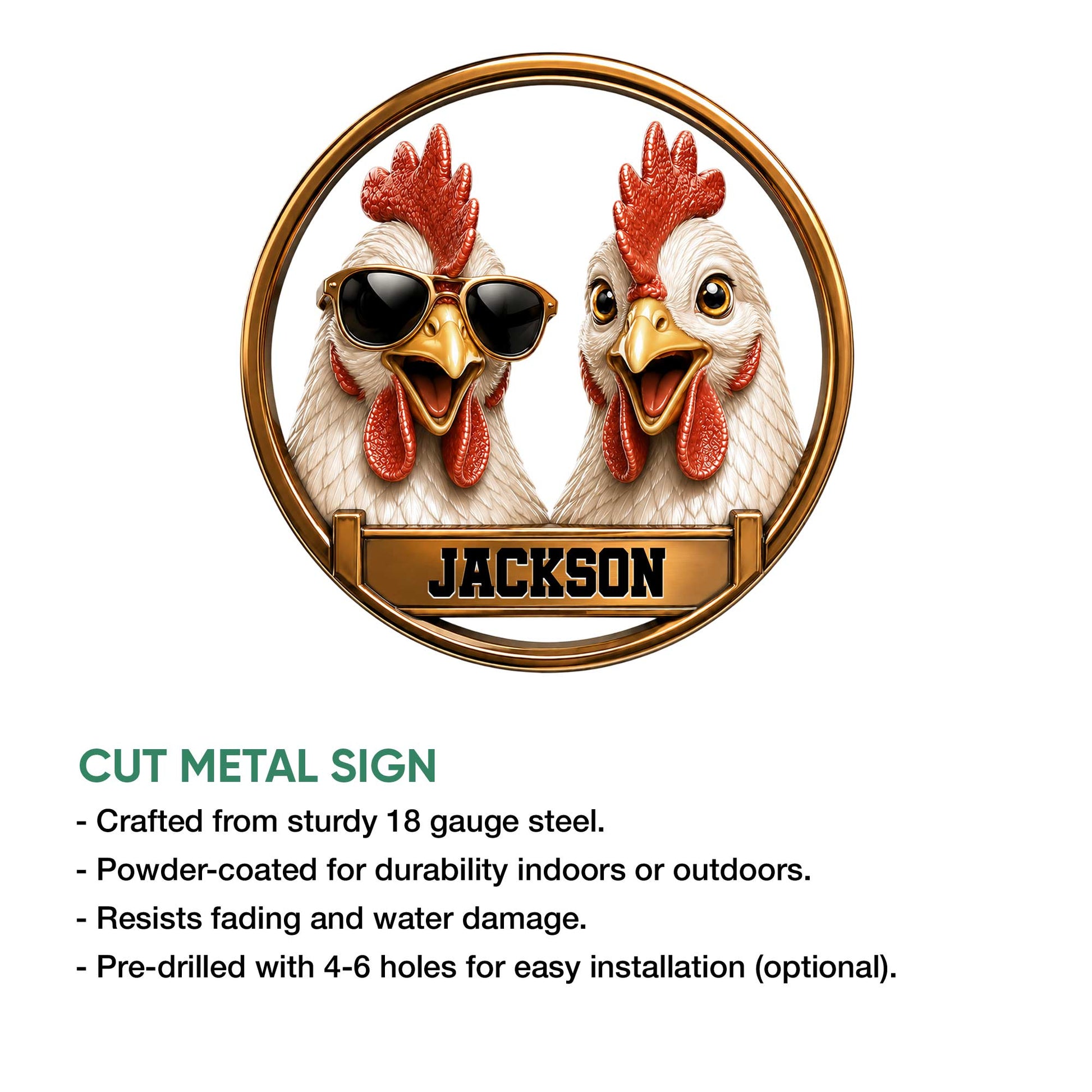 Funny chicken metal sign with a sunglasses-wearing rooster and companion in a circular cut metal design