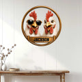 Round custom chicken wall sign displayed on a light wood-paneled wall above a console table