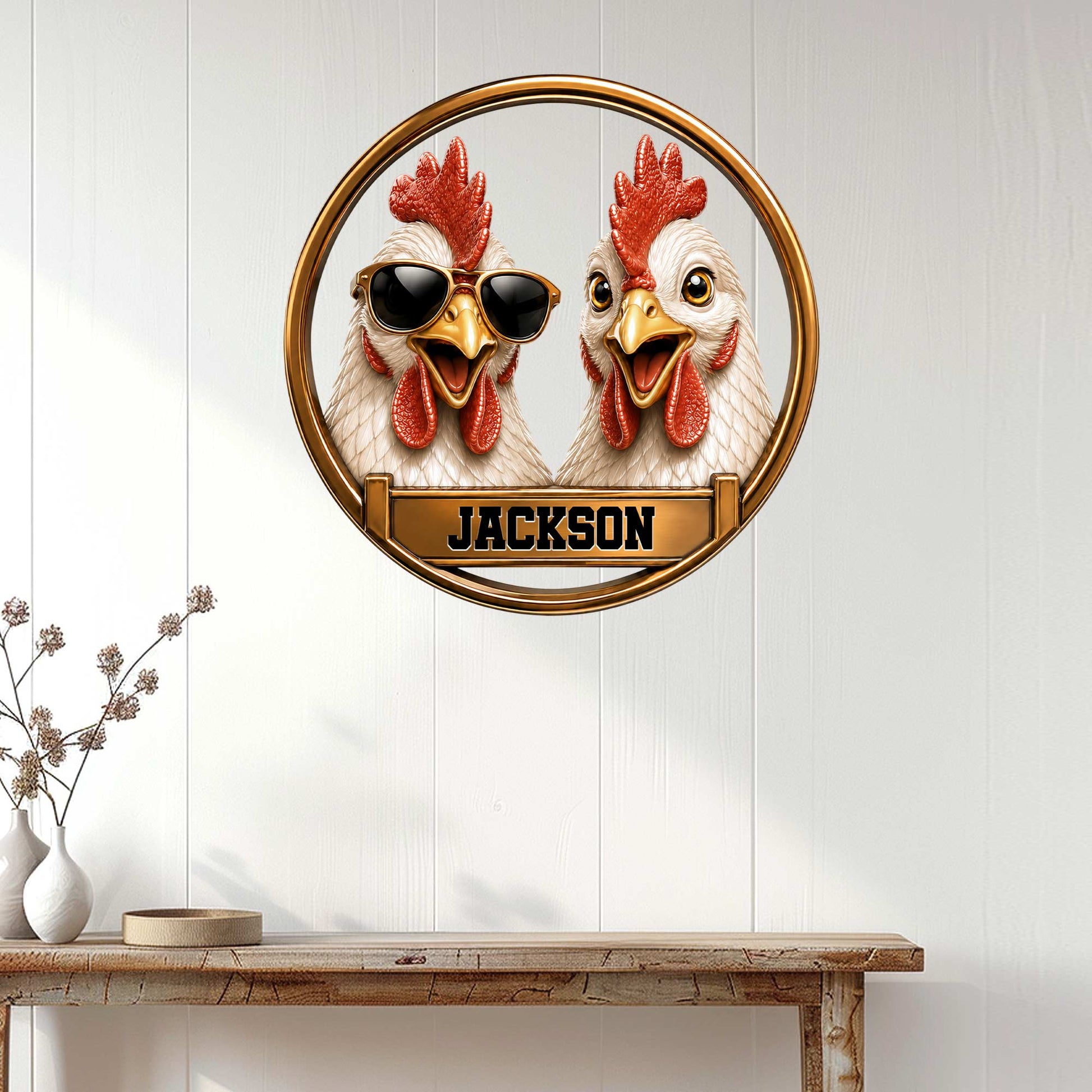 Round custom chicken wall sign displayed on a light wood-paneled wall above a console table