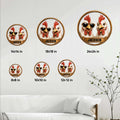 Chicken metal sign size guide showing round wall decor options from 8 by 8 to 24 by 24 inches