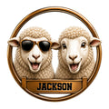 Custom sheep metal sign featuring two cheerful sheep, including one wearing sunglasses in a round gold frame