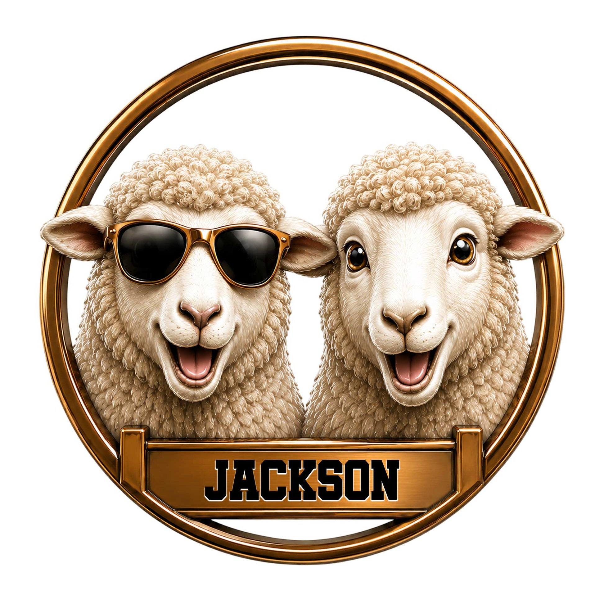 Custom sheep metal sign featuring two cheerful sheep, including one wearing sunglasses in a round gold frame