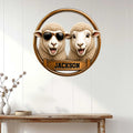Round sheep wall sign displayed on a light wood-paneled wall as playful farmhouse decor