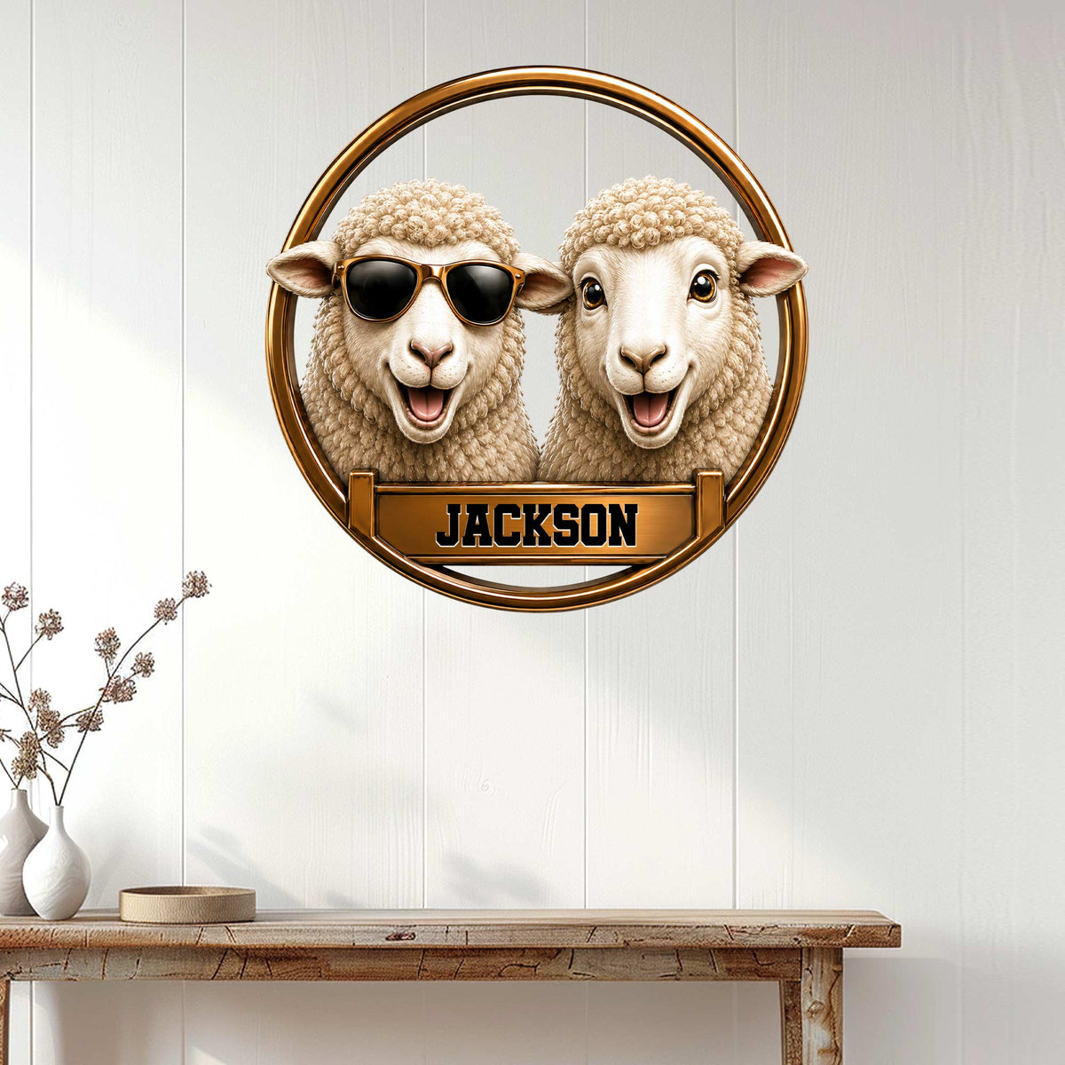 Round sheep wall sign displayed on a light wood-paneled wall as playful farmhouse decor