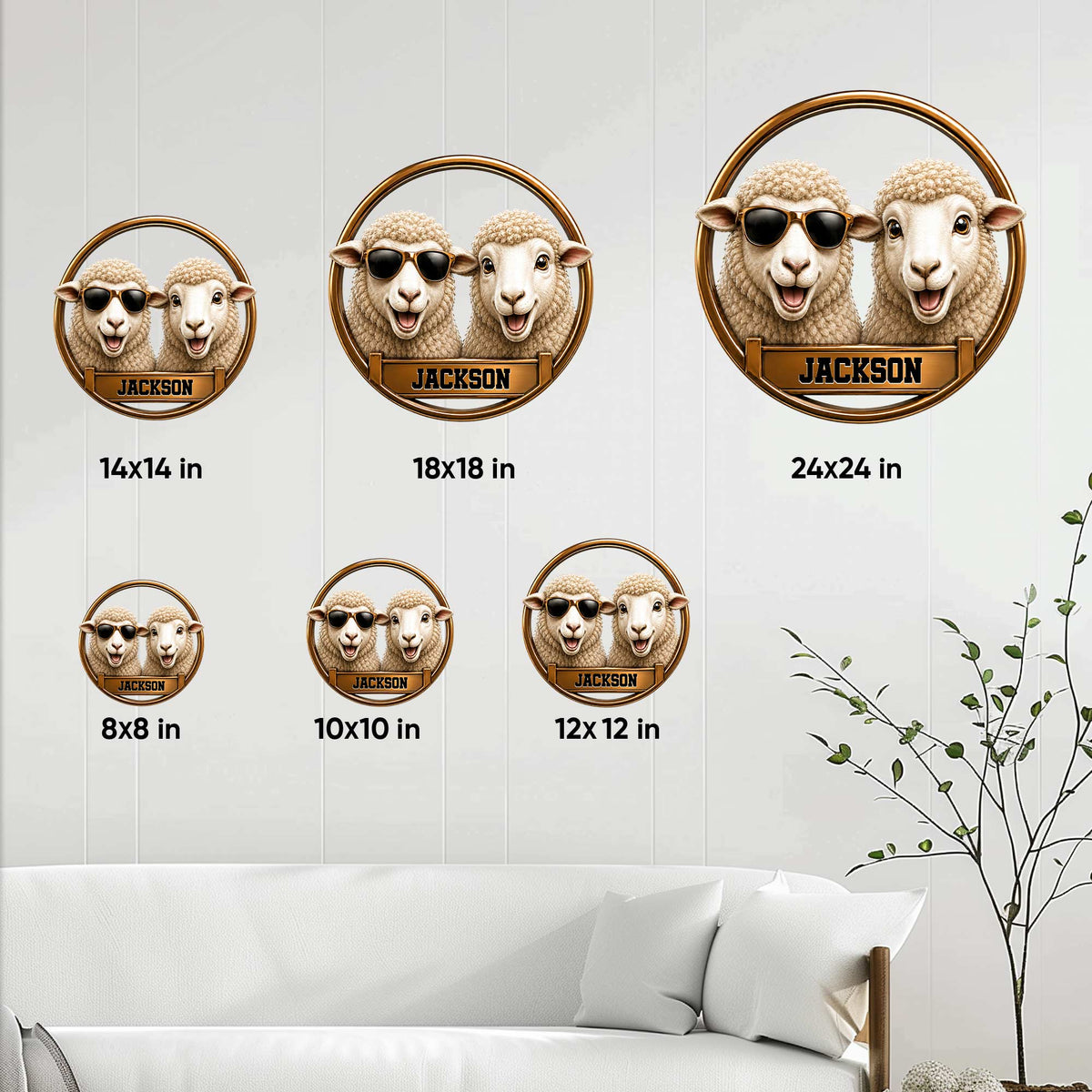 Sheep metal sign size guide showing available round sizes from 8 by 8 to 24 by 24 inches