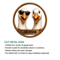 Funny duck metal sign shown in a product feature graphic for indoor or outdoor wall decor
