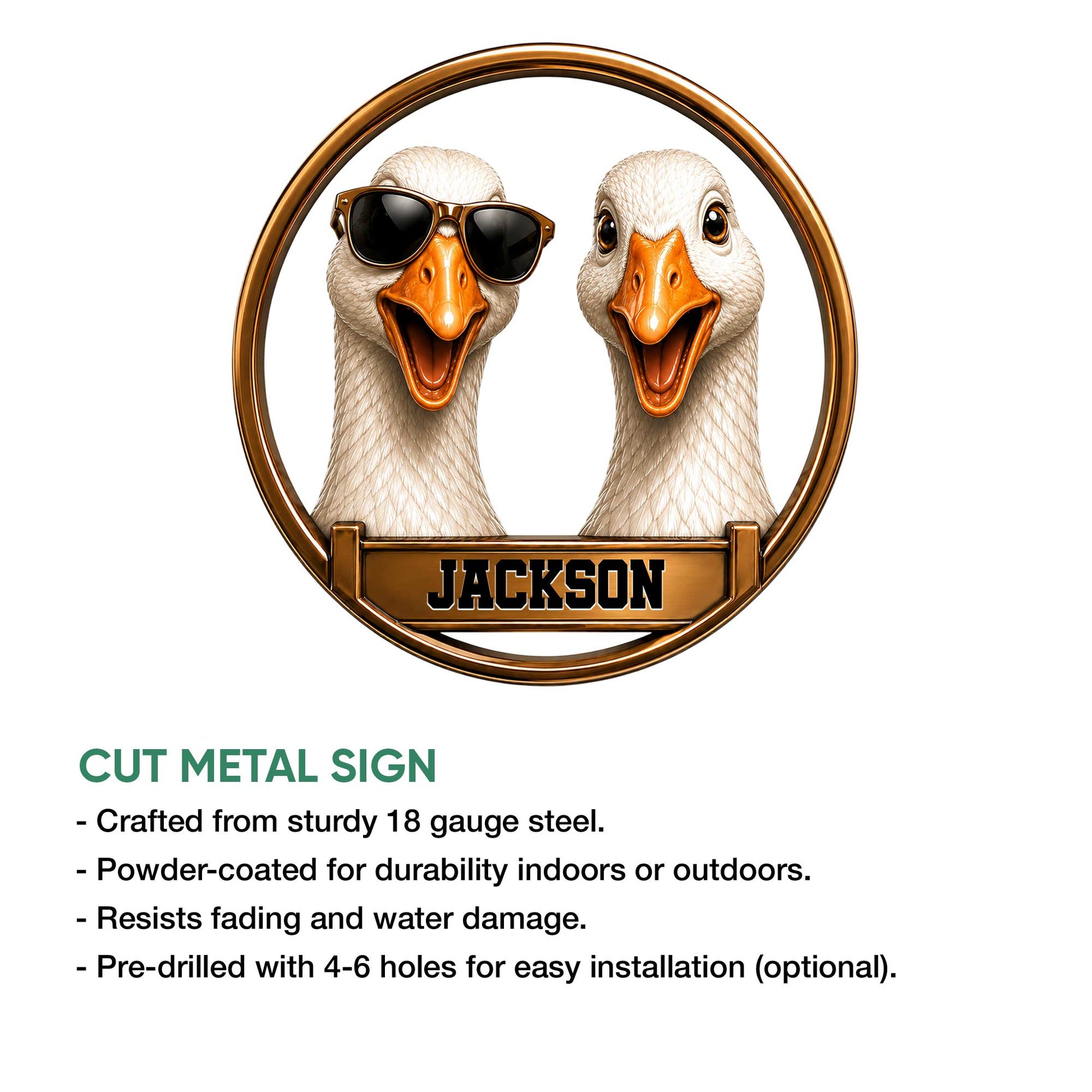 Funny duck metal sign shown in a product feature graphic for indoor or outdoor wall decor
