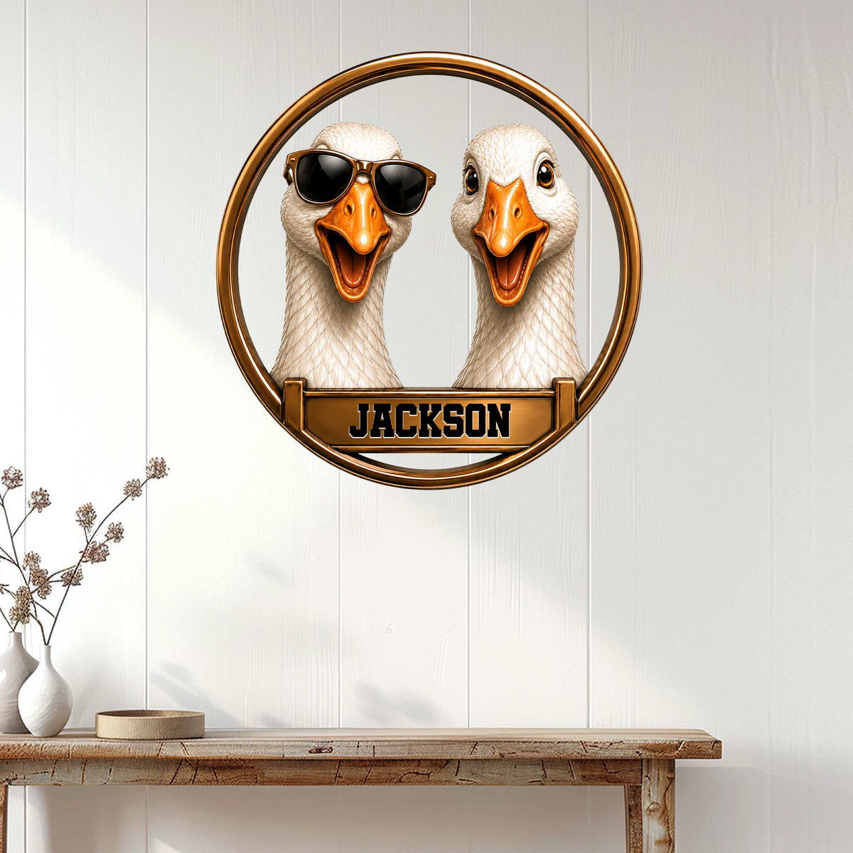 Pair of playful ducks on a custom metal sign displayed as cheerful wall decor in a bright home entryway