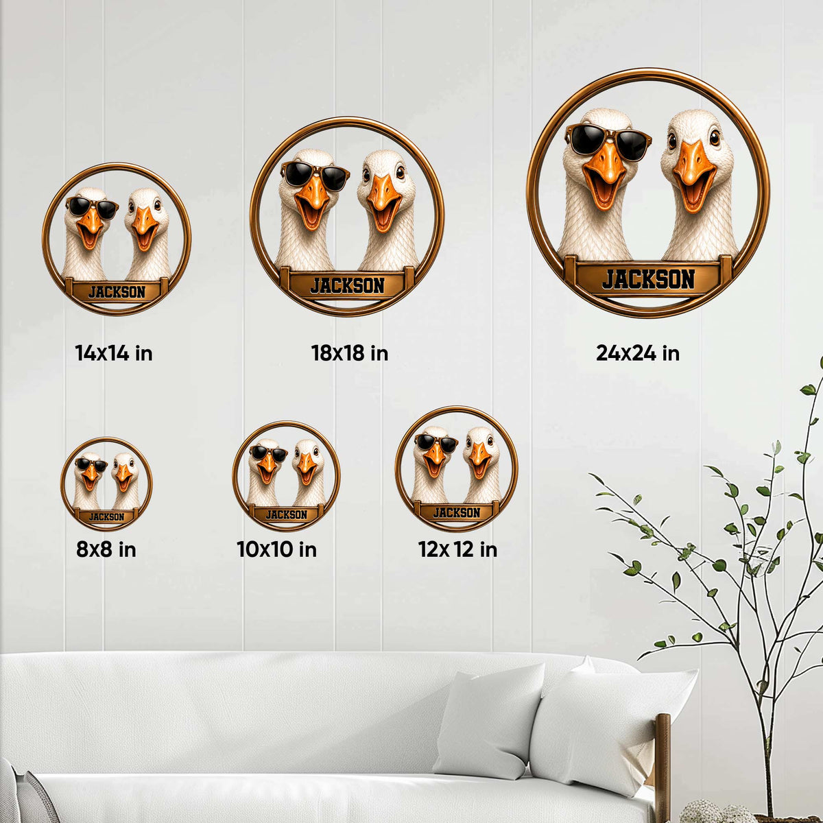 Duck metal sign size guide showing available round sign sizes from 8 by 8 to 24 by 24 inches