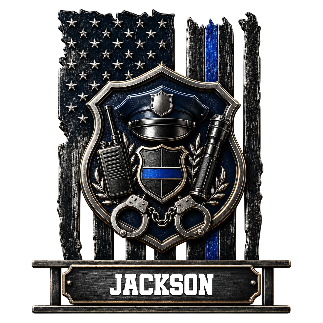 Custom police metal sign featuring a badge, patrol hat, radio, baton, handcuffs, and blue line flag