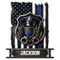 Custom police metal sign featuring a badge, patrol hat, radio, baton, handcuffs, and blue line flag