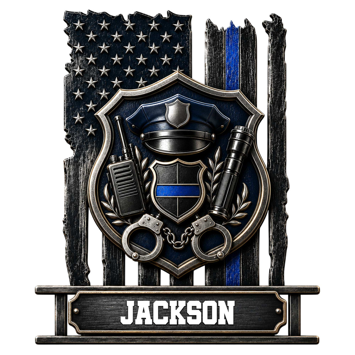 Custom police metal sign featuring a badge, patrol hat, radio, baton, handcuffs, and blue line flag