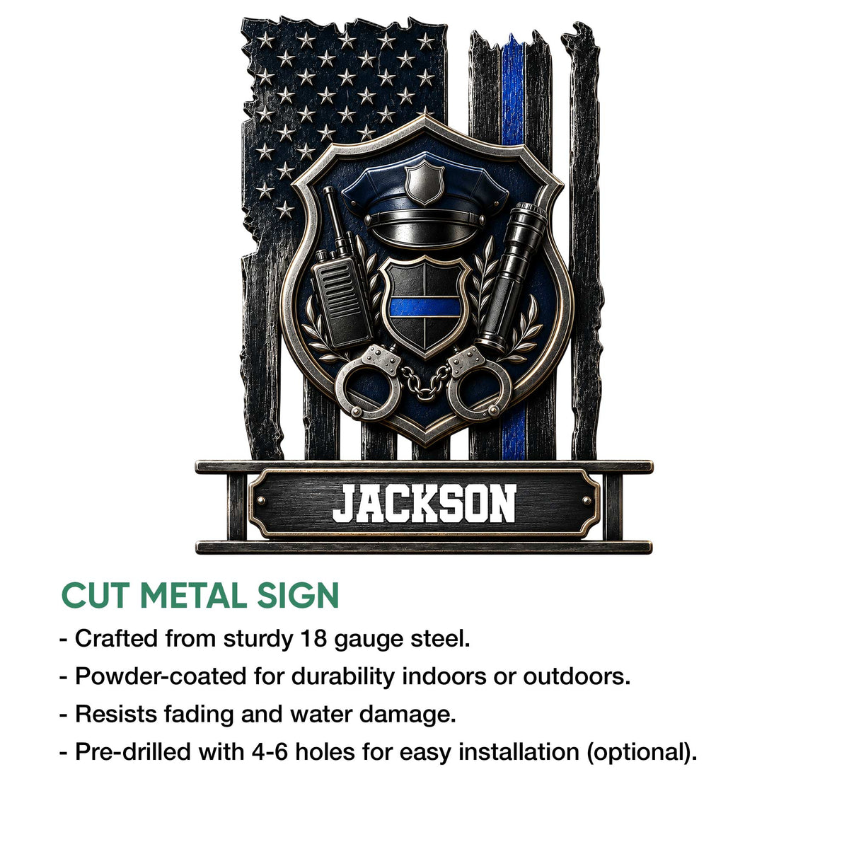 Police metal sign feature graphic showing the cut-metal design and installation options