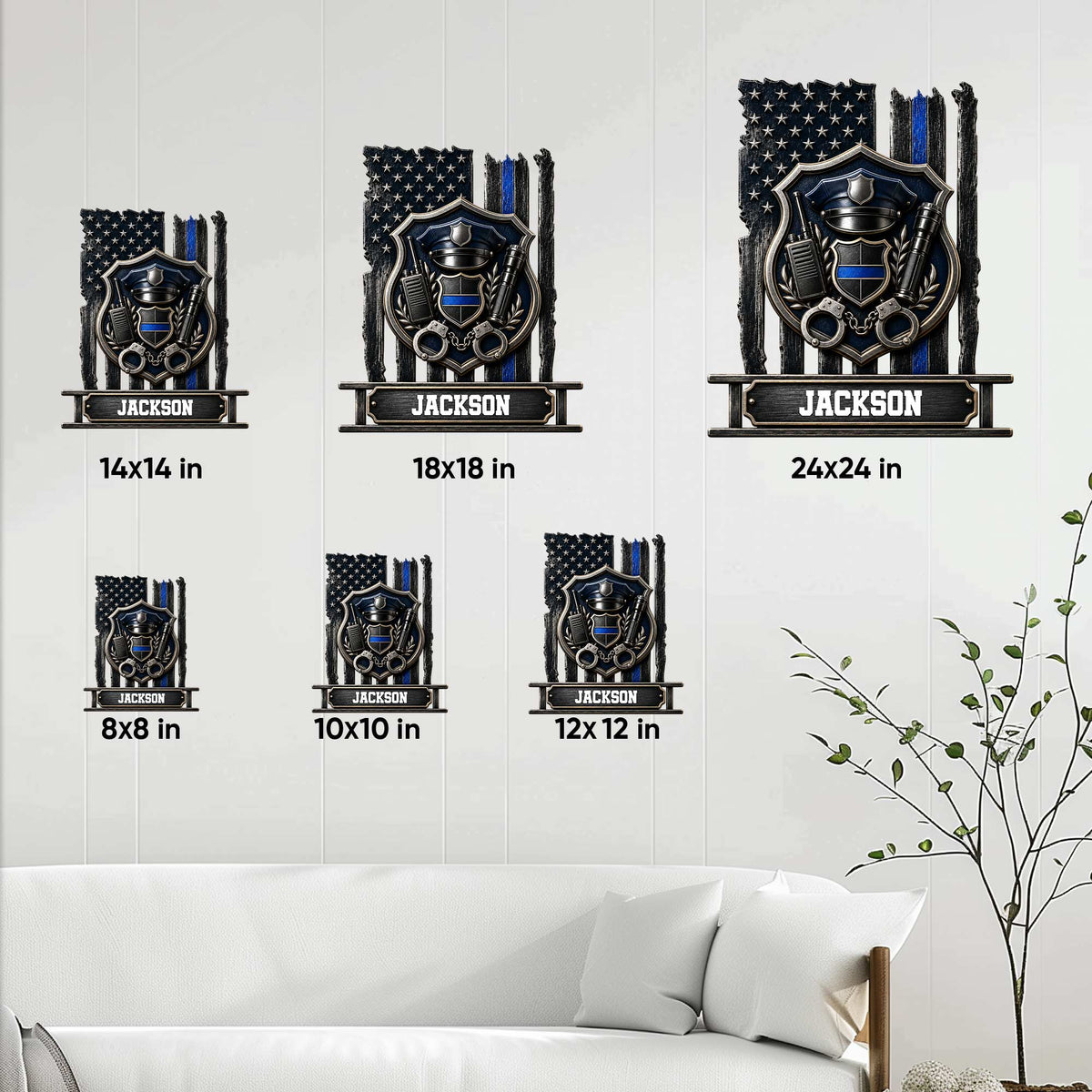 Police metal sign size guide displaying available dimensions from 8 by 8 to 24 by 24 inches