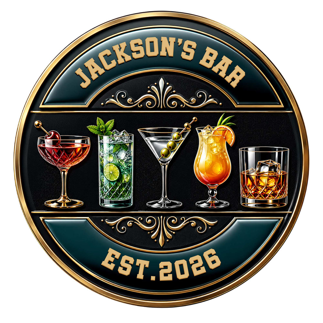 Custom cocktail bar metal sign featuring five colorful drinks in an ornate black and gold design