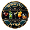 Custom cocktail bar metal sign featuring five colorful drinks in an ornate black and gold design
