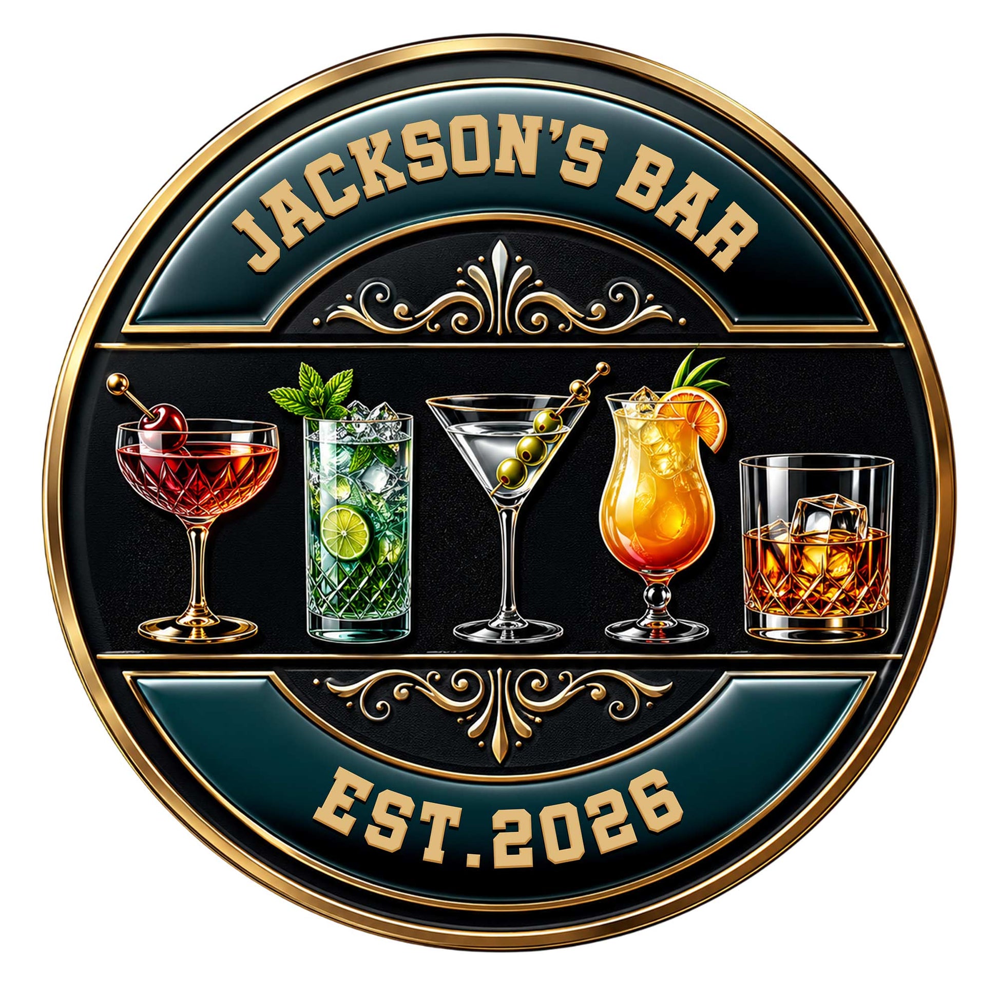 Custom cocktail bar metal sign featuring five colorful drinks in an ornate black and gold design