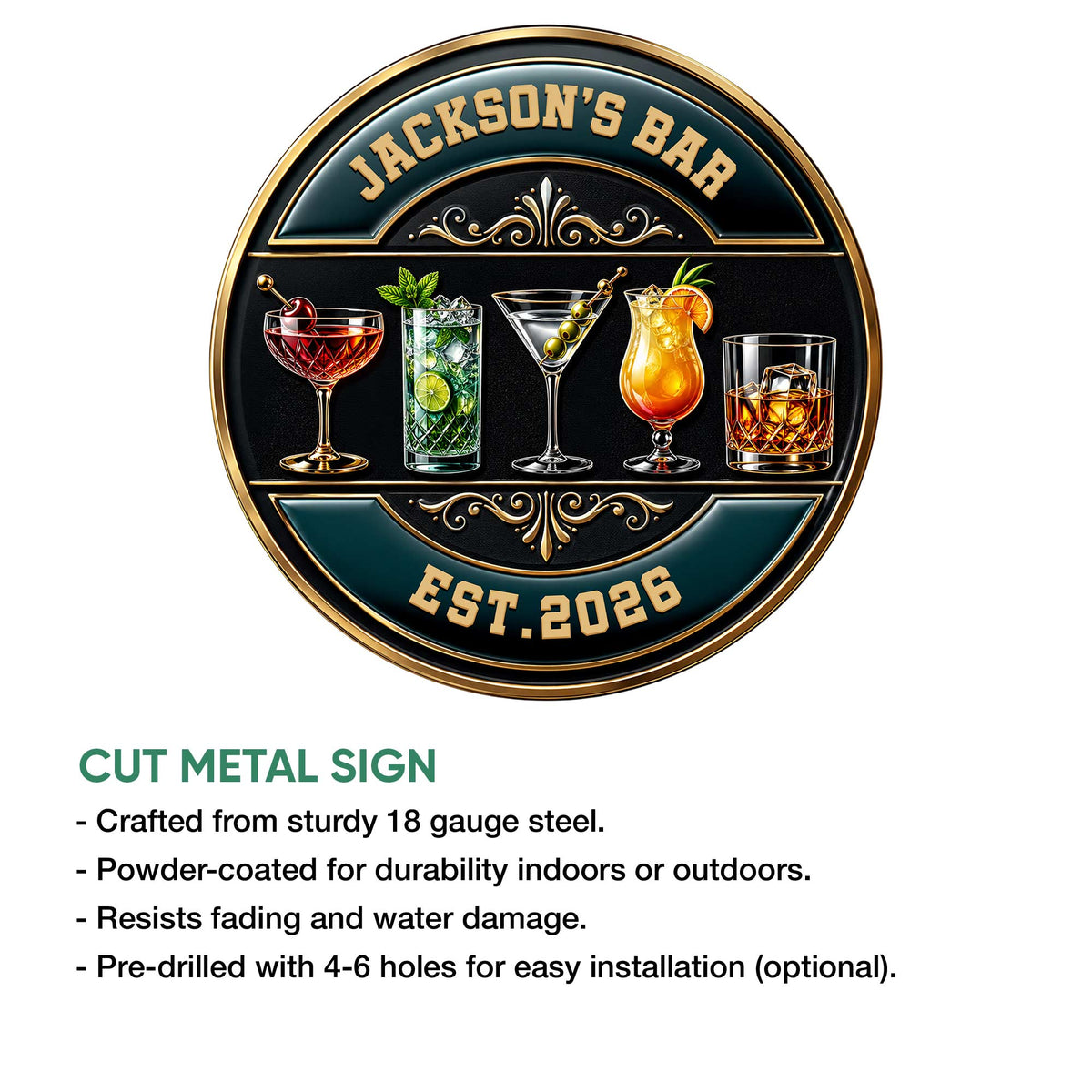 Round cocktail bar metal sign showcasing a martini, tropical drink, whiskey glass, and colorful cocktails