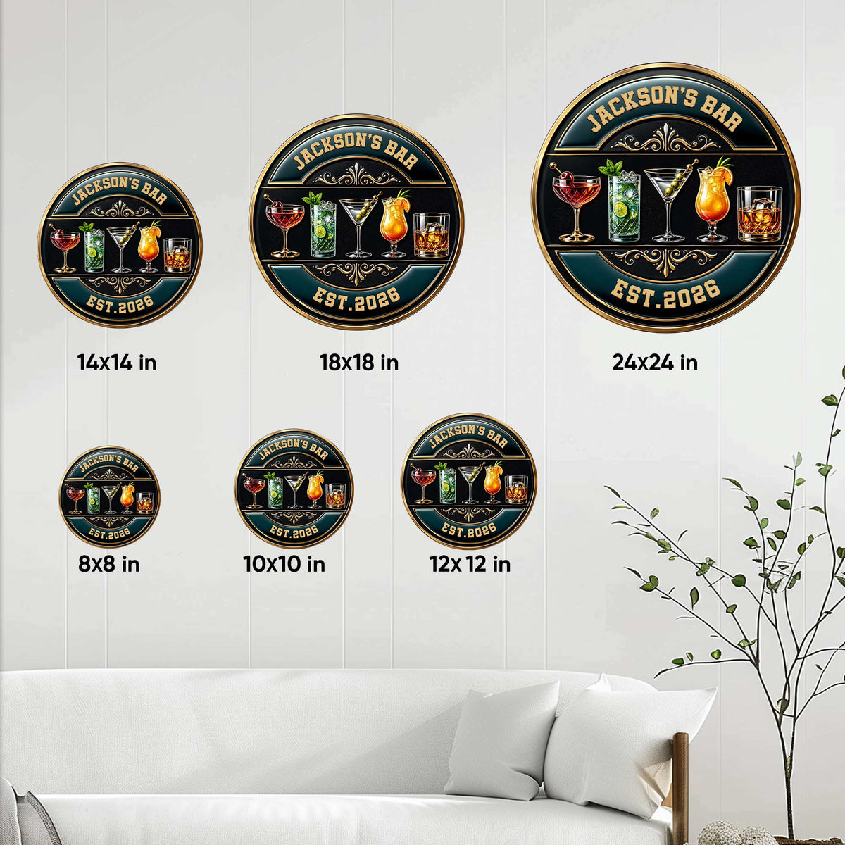 Cocktail bar metal sign size guide showing available round sizes from 8 by 8 to 24 by 24 inches