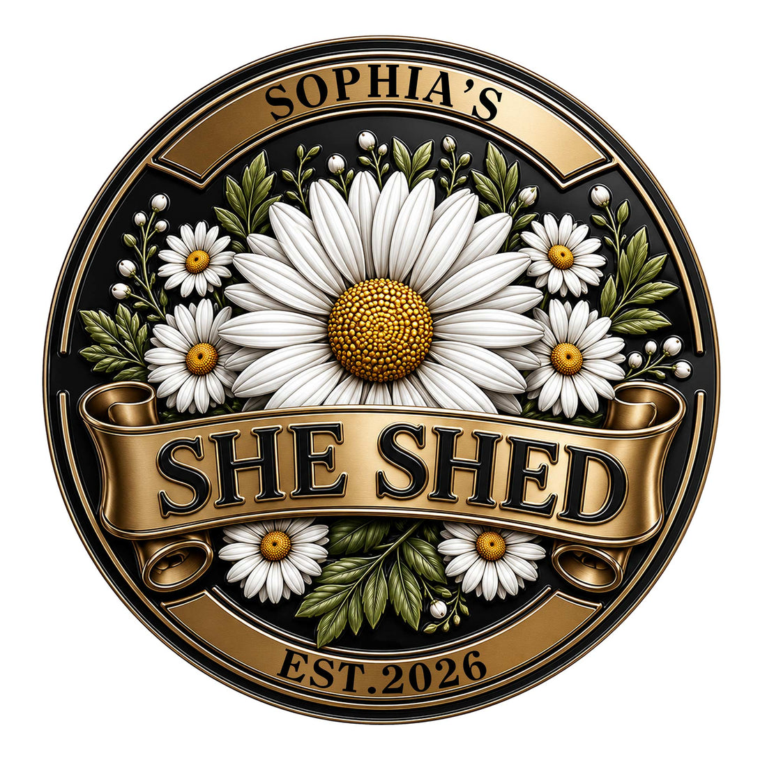 Floral She Shed metal sign featuring a large white daisy, smaller blooms, leafy greenery, and a gold banner