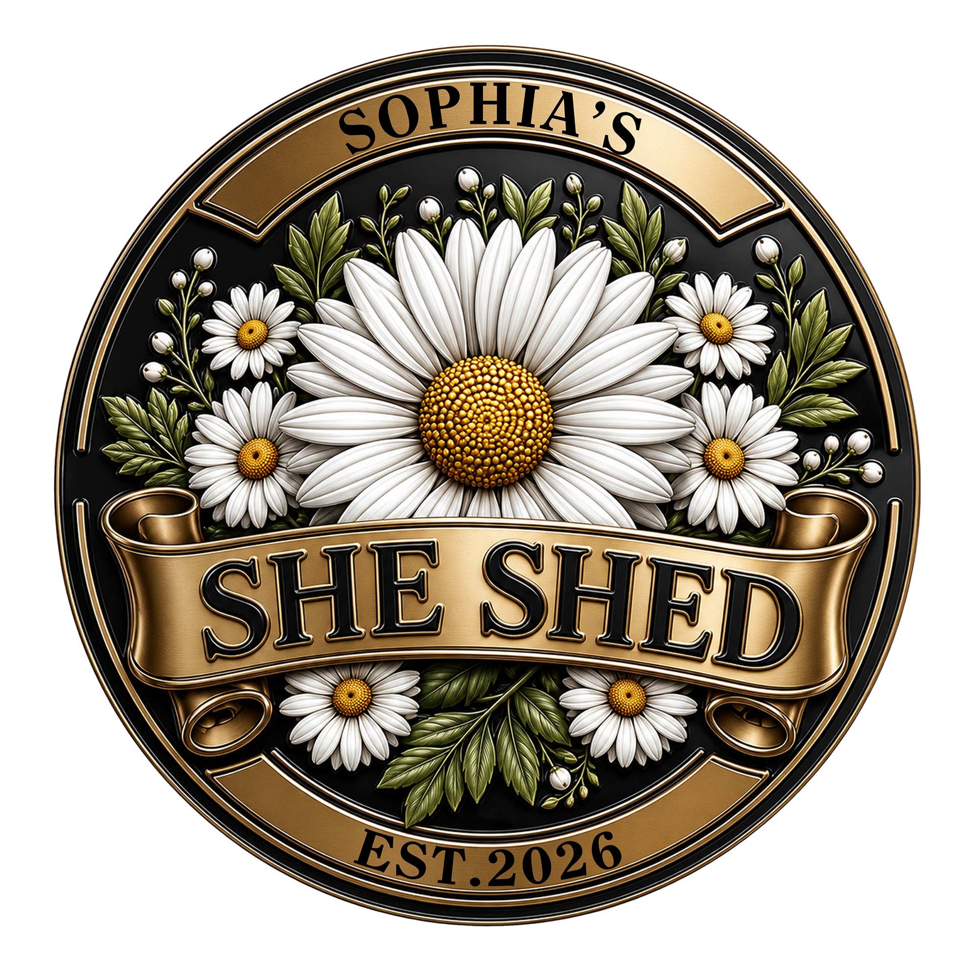 Floral She Shed metal sign featuring a large white daisy, smaller blooms, leafy greenery, and a gold banner