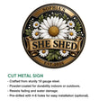 Round She Shed floral metal sign shown with a cut metal sign feature infographic