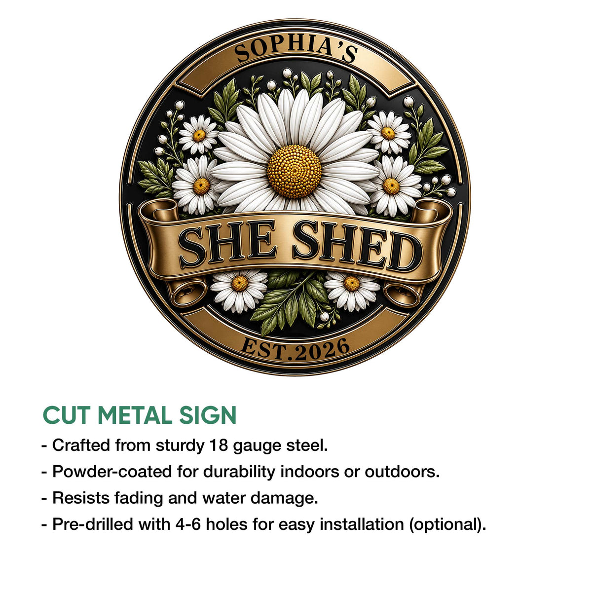 Round She Shed floral metal sign shown with a cut metal sign feature infographic