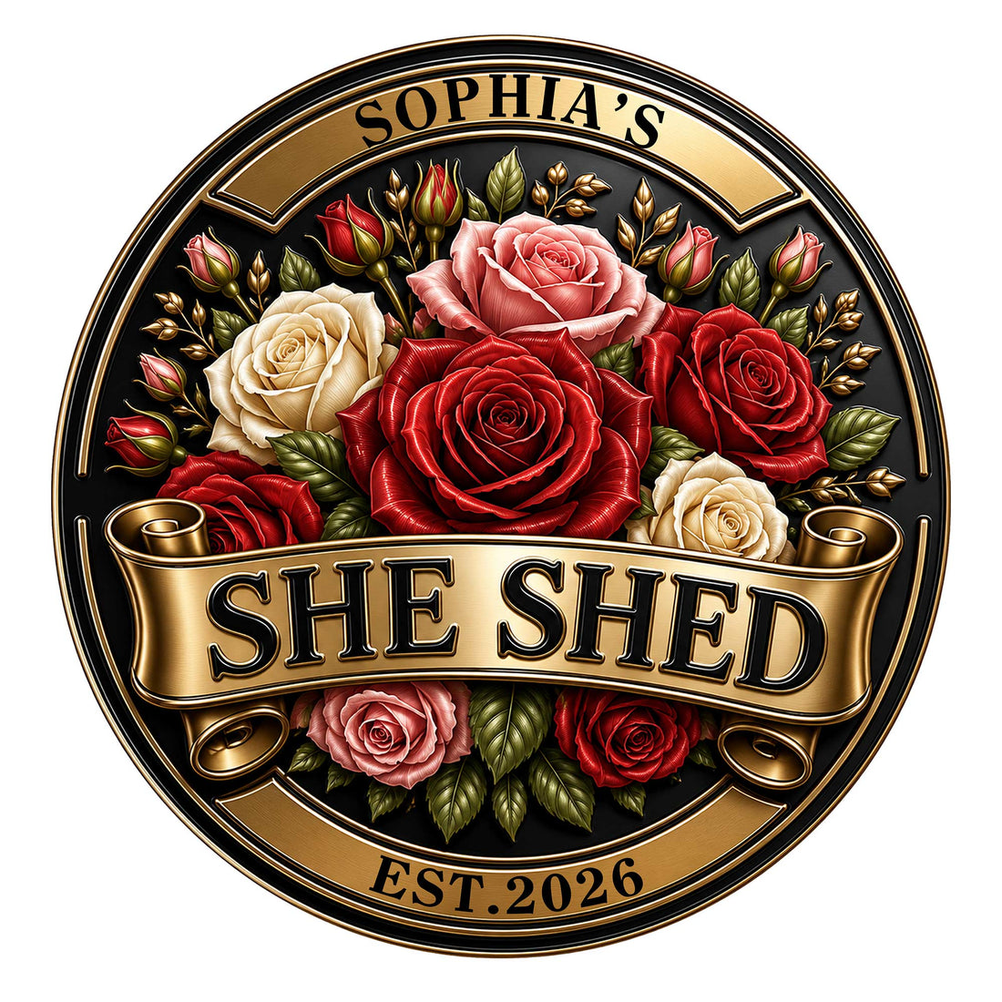 Round She Shed metal sign with rich red, pink, and cream roses in a decorative gold and black crest