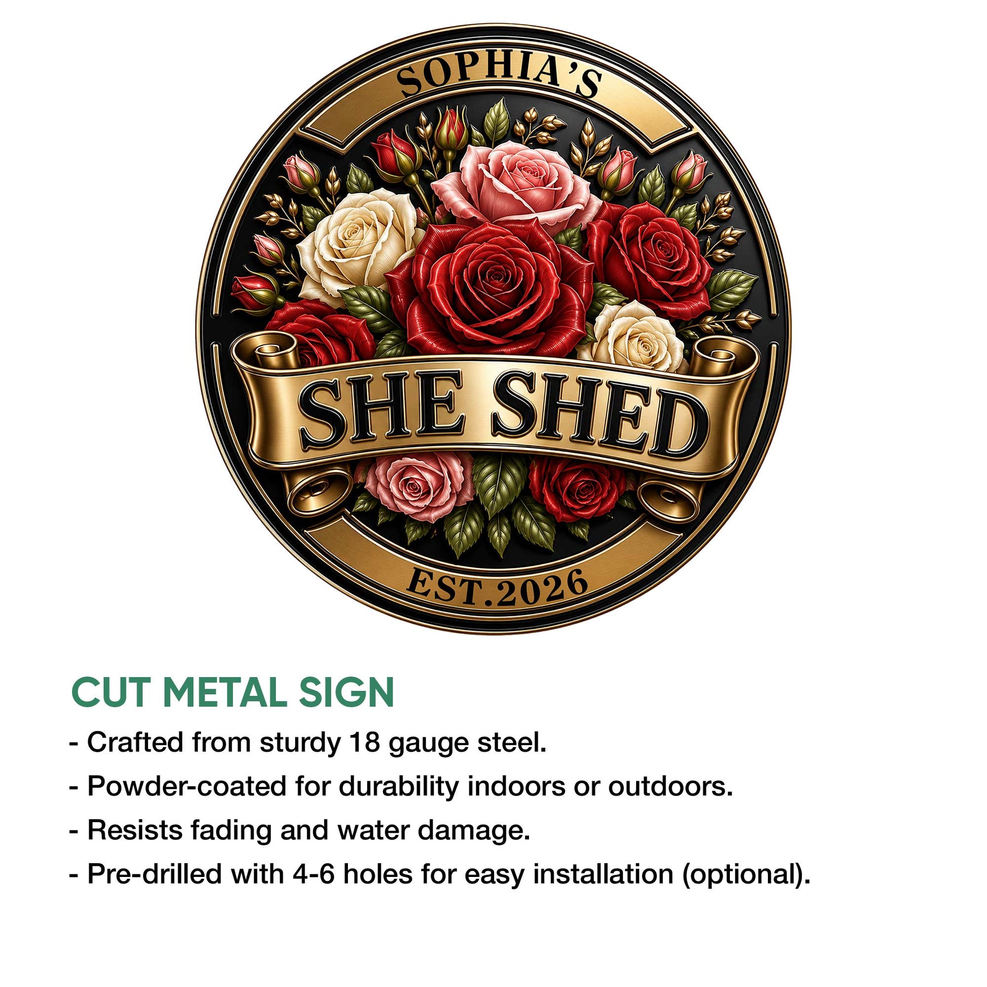 She Shed floral metal sign feature graphic showing the ornate rose design and cut metal sign presentation