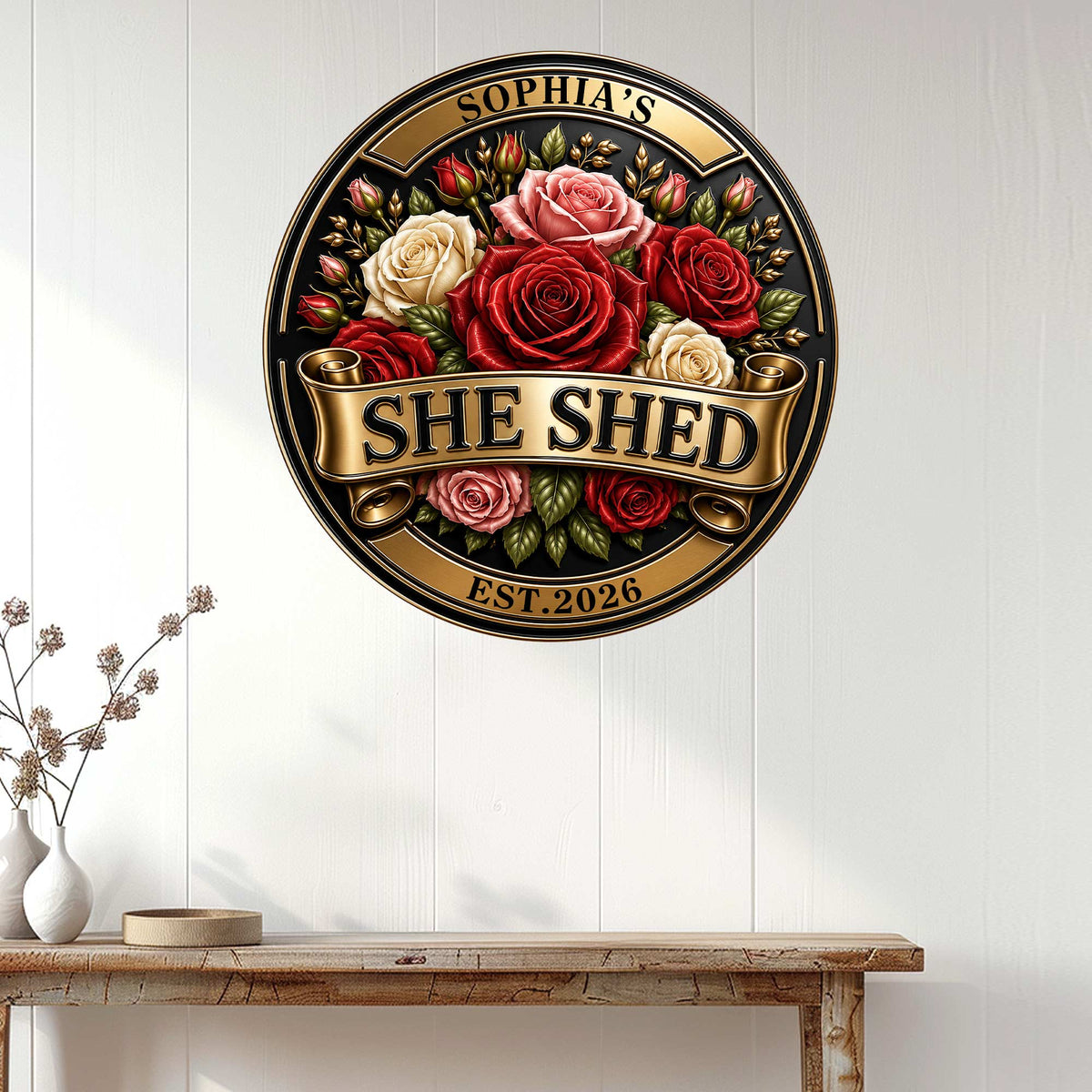 Floral She Shed metal wall sign displayed on white paneled decor above a rustic console table