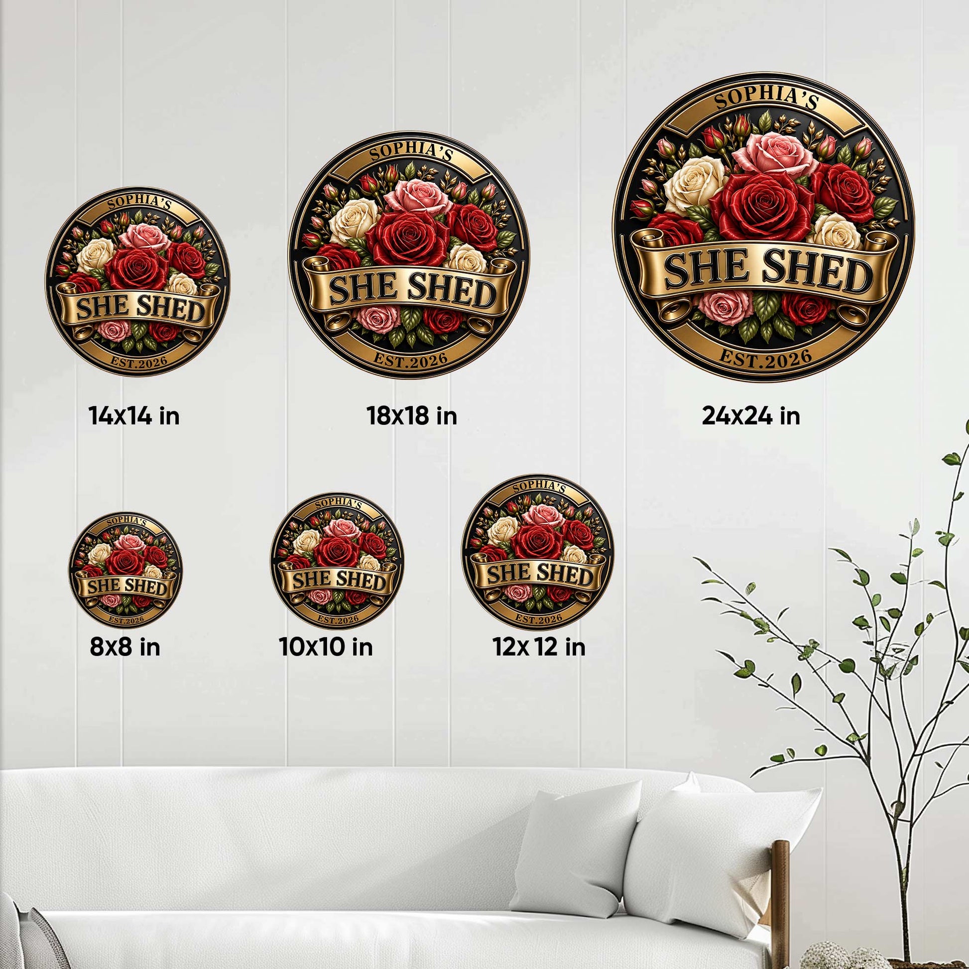 She Shed rose metal sign size guide displaying round options from 8x8 inches through 24x24 inches