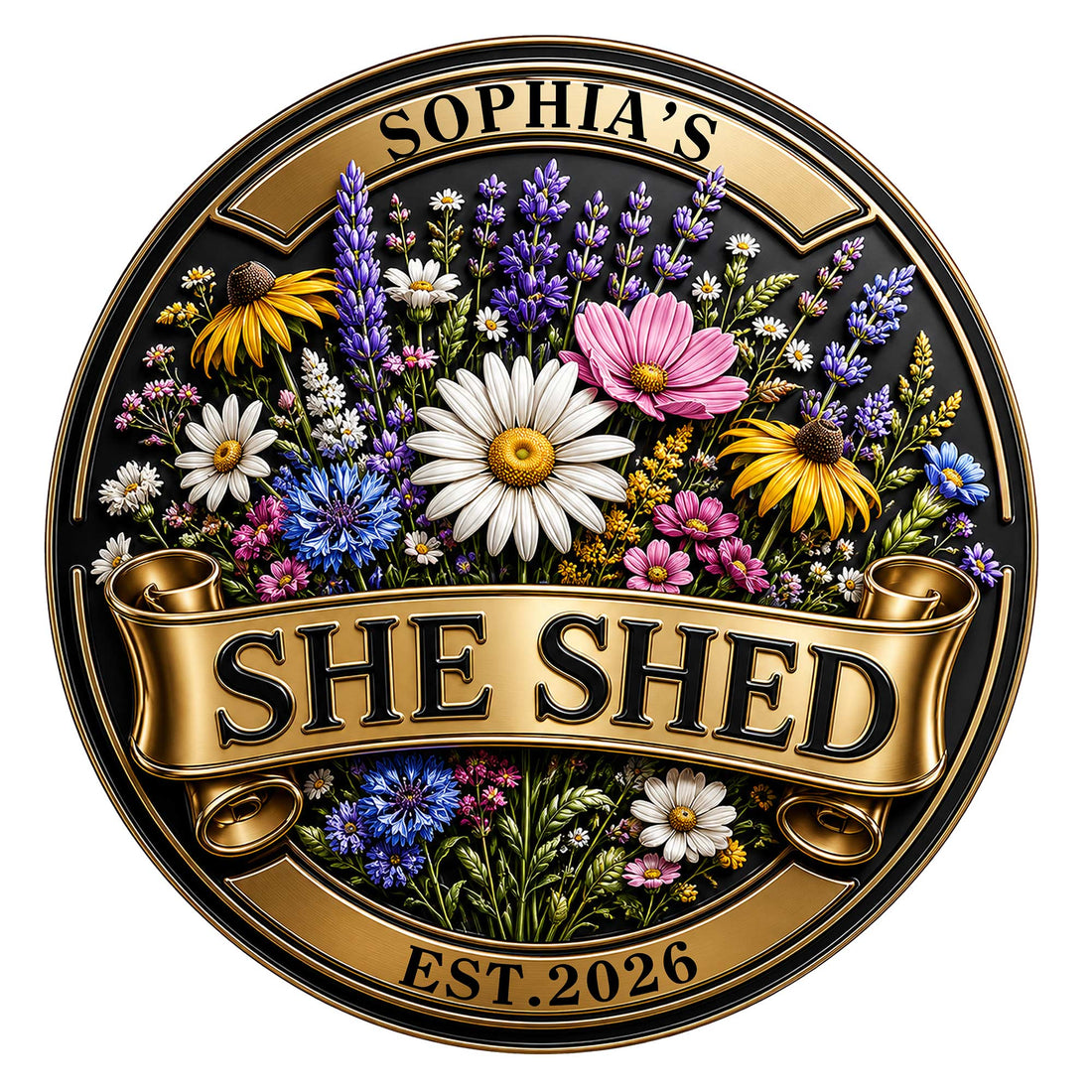 Floral She Shed metal sign with colorful wildflowers, ornate gold banner, and round black-and-gold frame