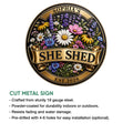 She Shed floral metal sign shown with cut-metal construction and indoor or outdoor display features
