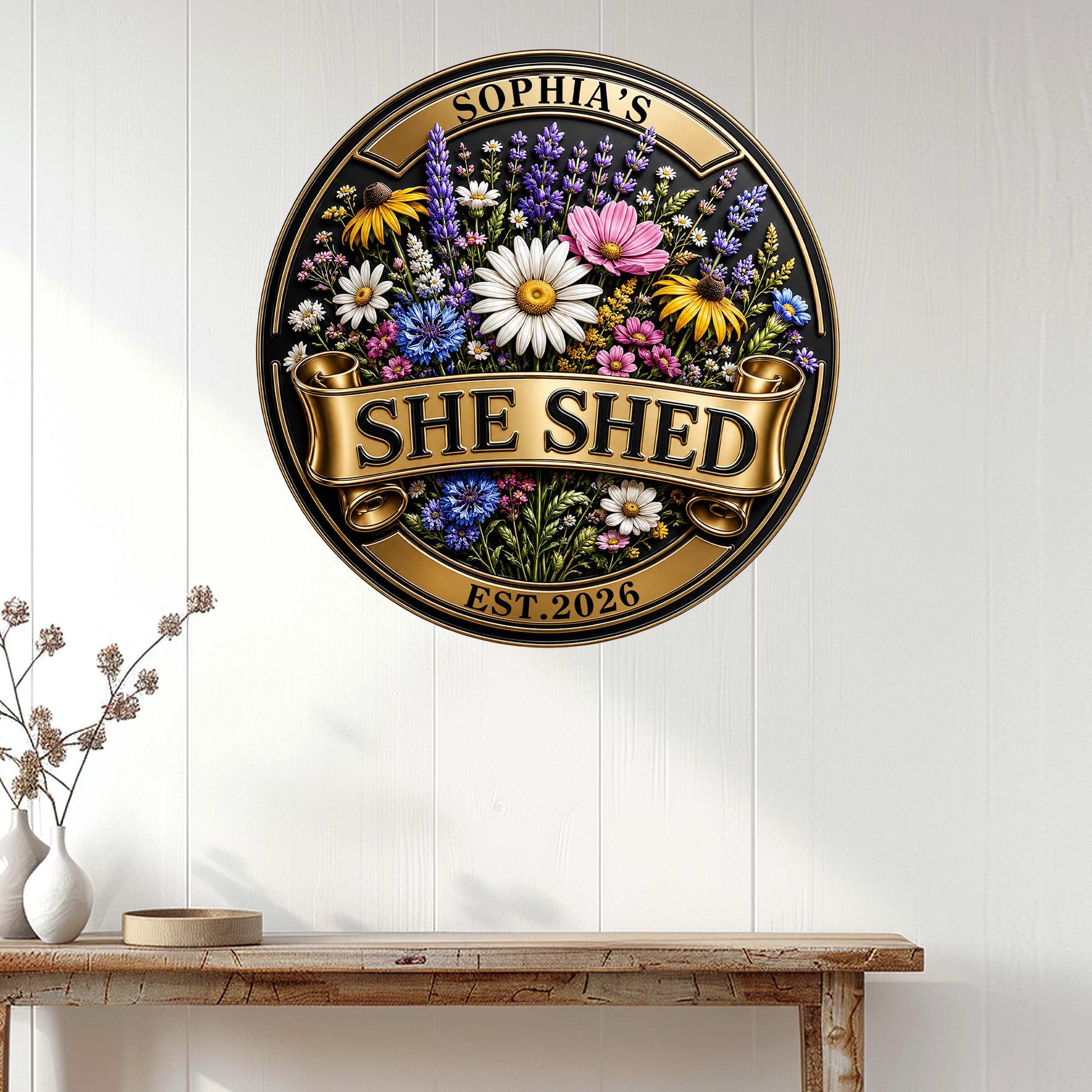 Floral She Shed wall sign displayed on white paneling above a rustic console table