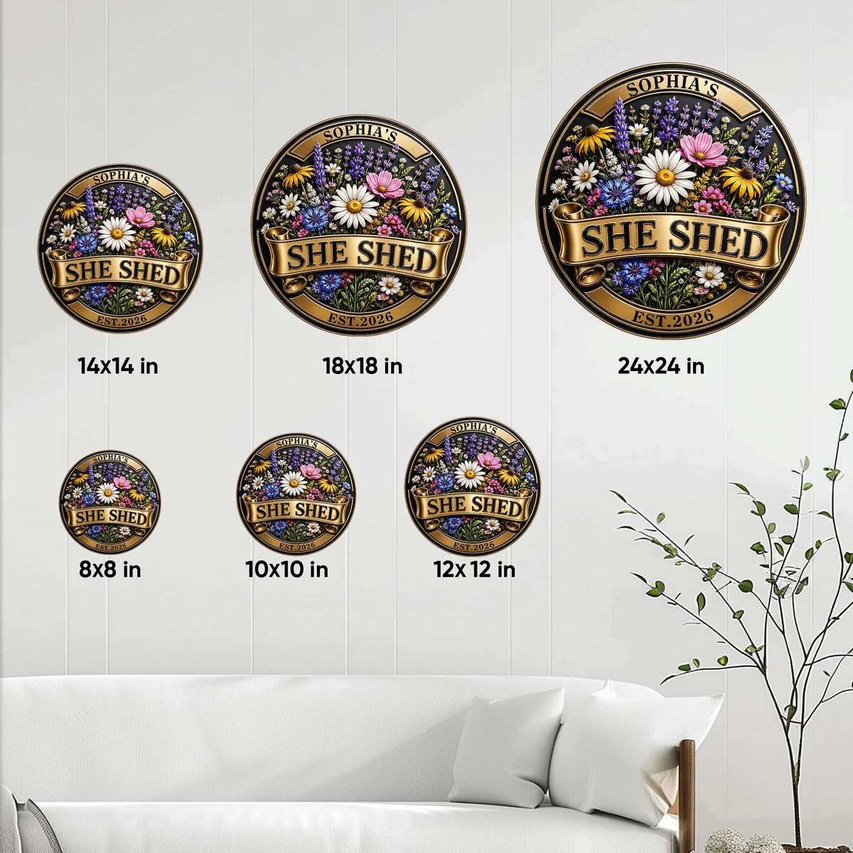 She Shed floral metal sign size guide showing available round sizes from 8 by 8 to 24 by 24 inches