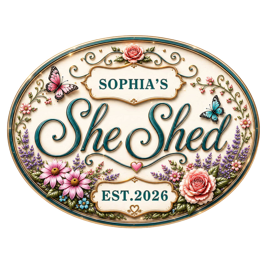 Ornate oval She Shed metal sign with butterflies, roses, wildflowers, and elegant script design
