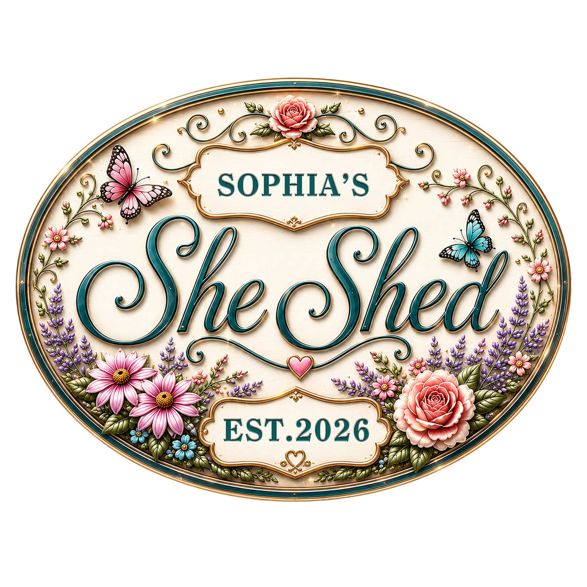 Ornate oval She Shed metal sign with butterflies, roses, wildflowers, and elegant script design