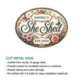 She Shed metal sign feature graphic showing the floral oval design and product presentation details