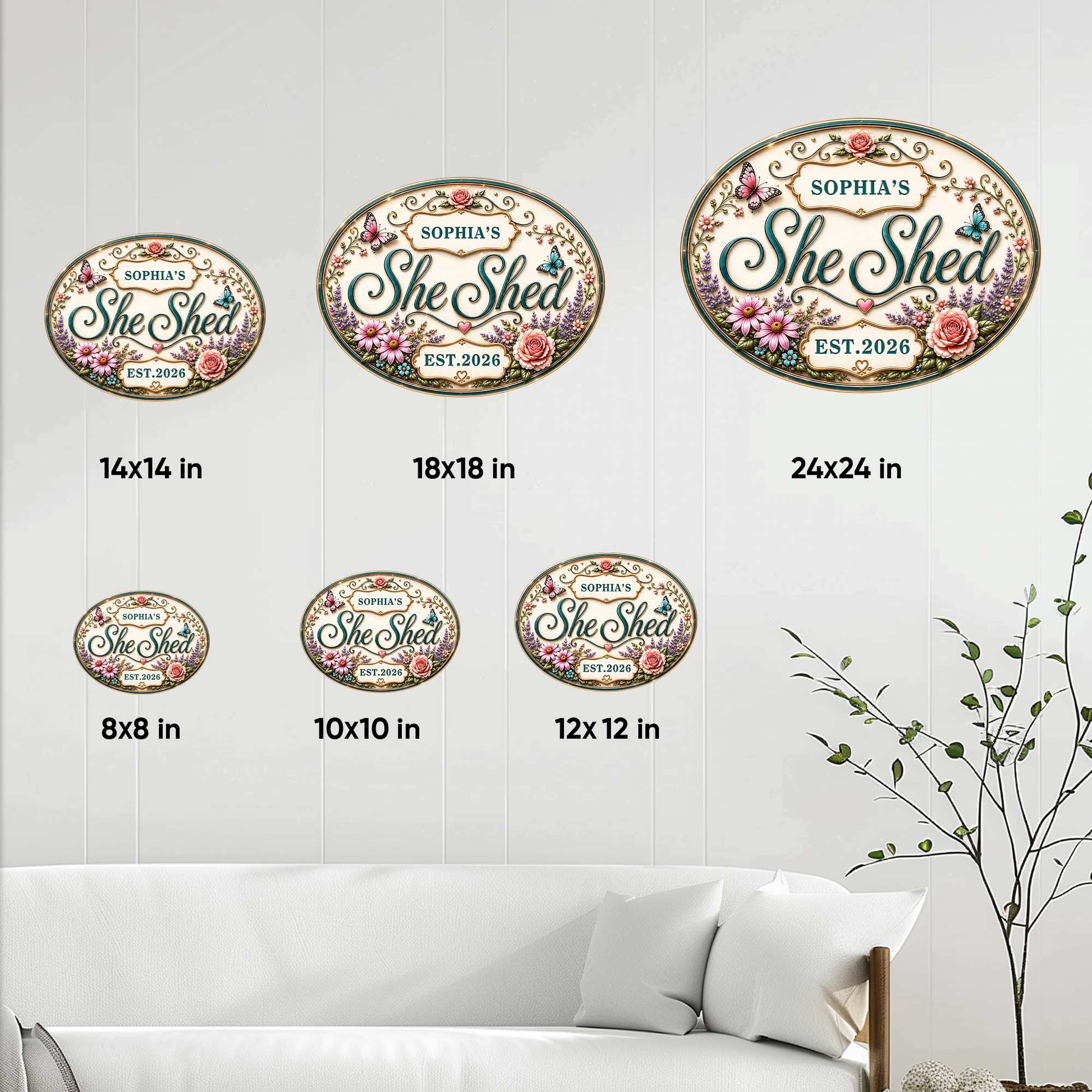 She Shed floral metal sign shown in multiple size options on a bright living room wall