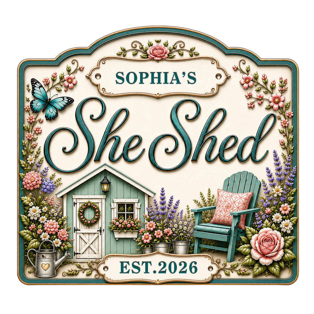 Floral She Shed metal sign featuring a garden retreat, butterfly, Adirondack chair, flowers, and watering can