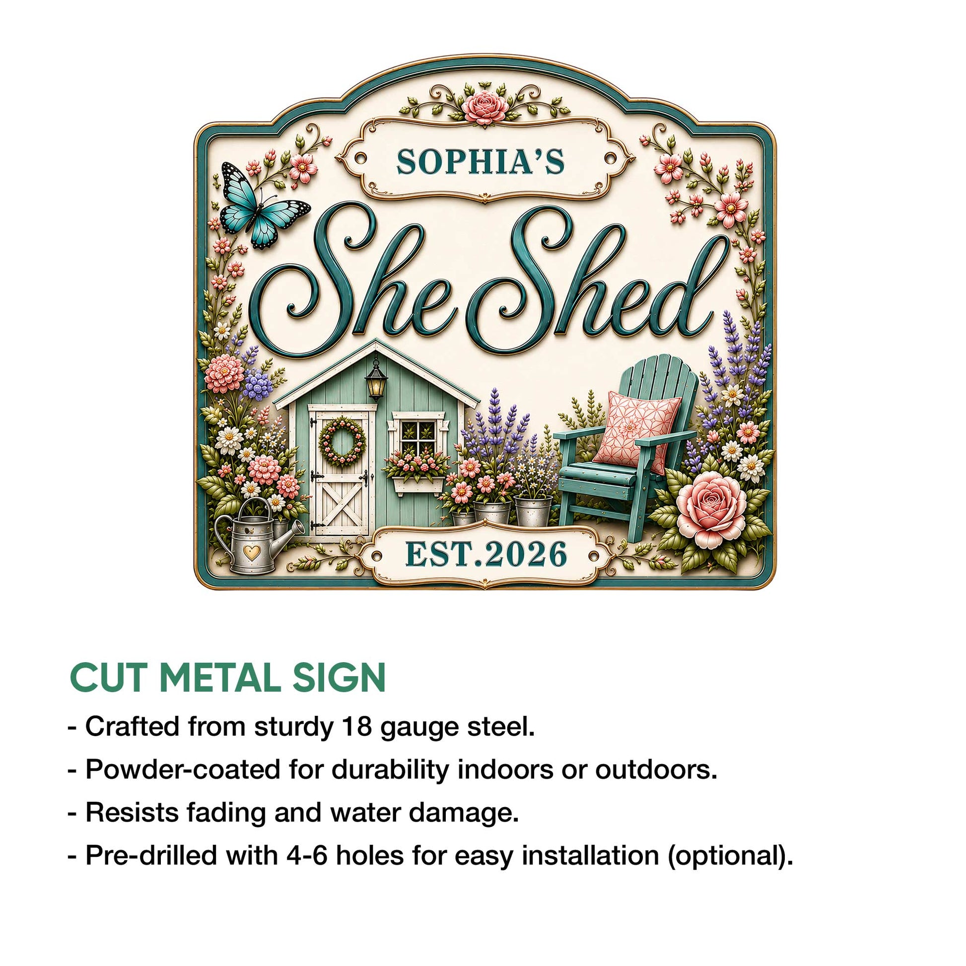 She Shed metal sign shown with a cut-metal construction feature guide and detailed cottage garden artwork