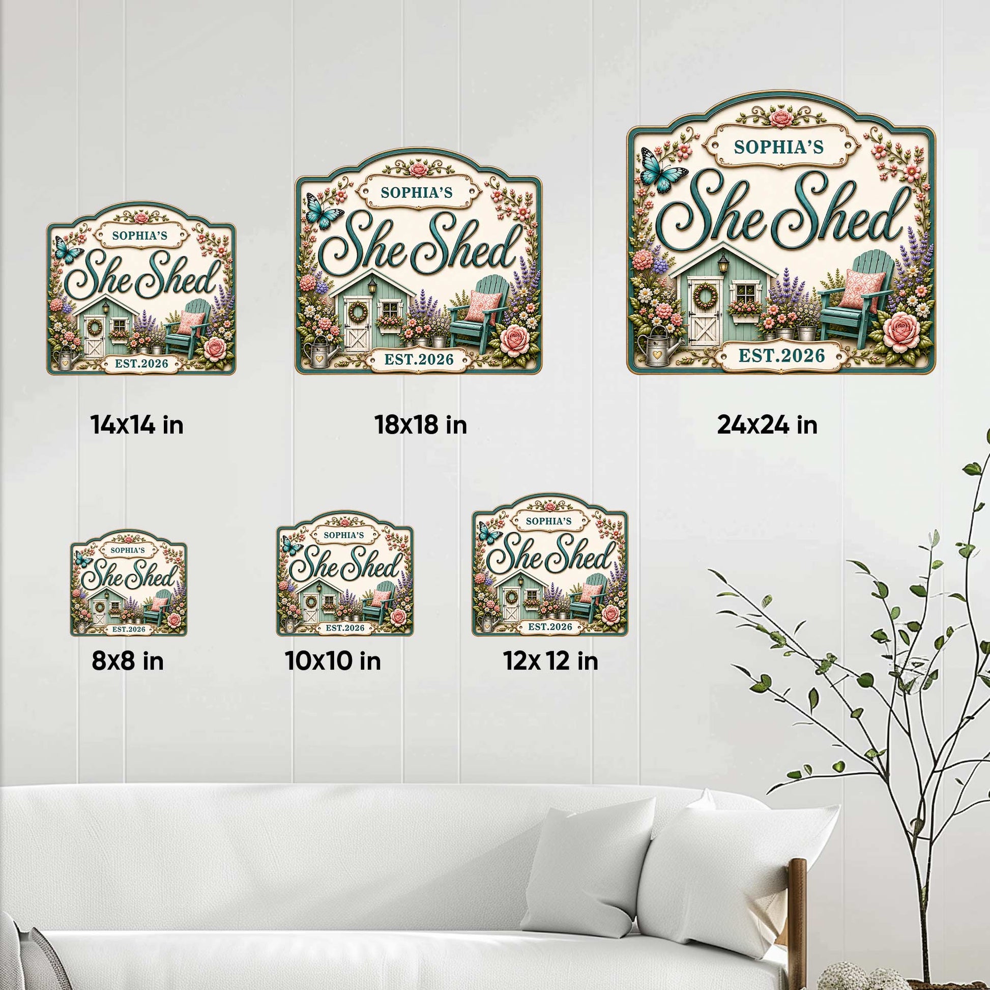She Shed metal sign size guide showing square options from 8 by 8 to 24 by 24 inches