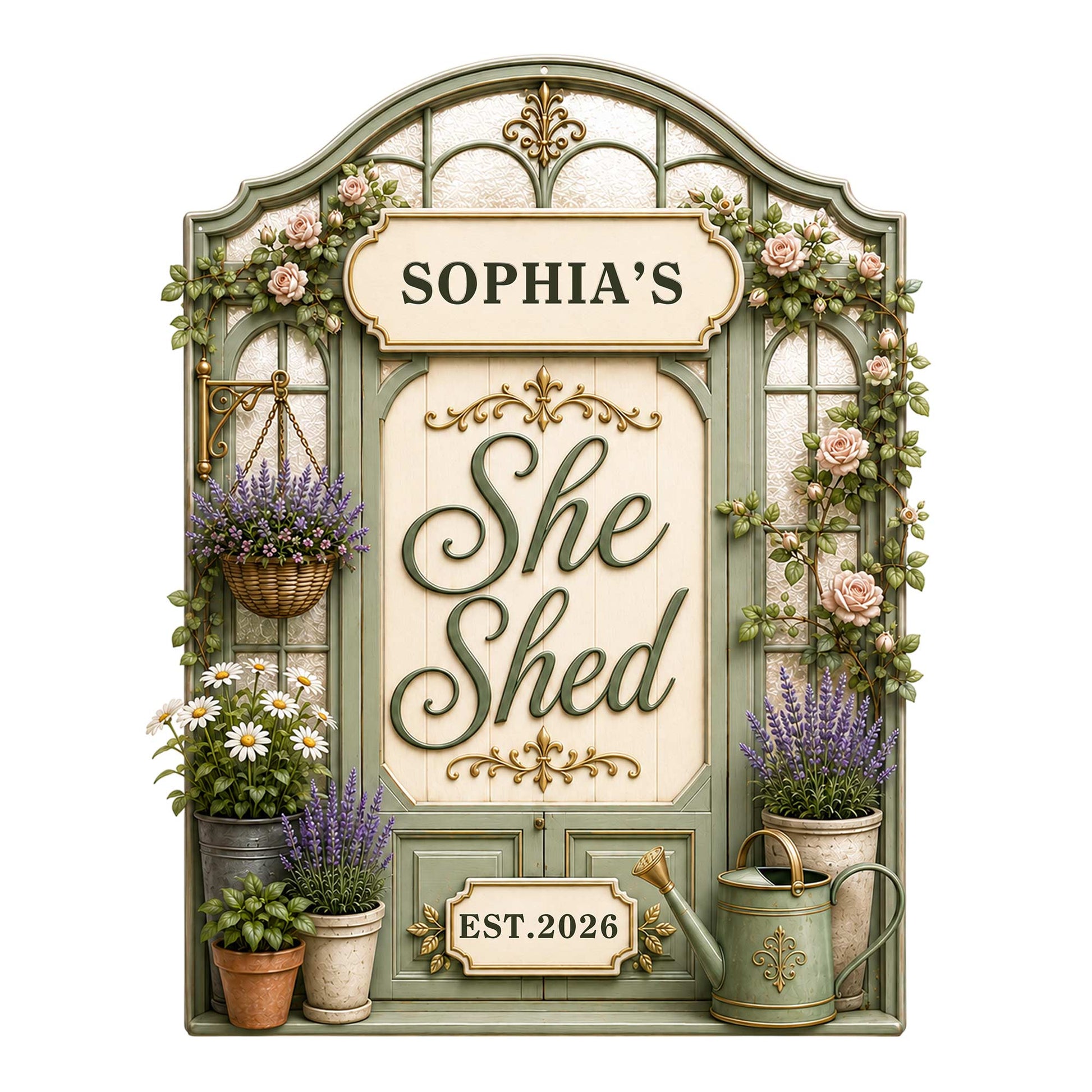 Ornate custom She Shed metal sign framed by roses, lavender, daisies, potted plants, and garden details