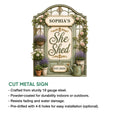 She Shed cut metal sign shown with product feature information for indoor or outdoor garden decor