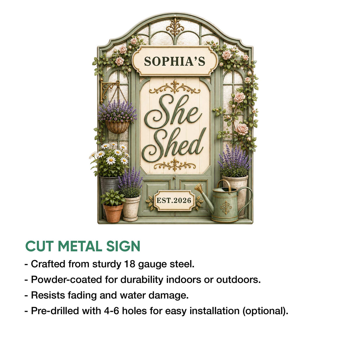 She Shed cut metal sign shown with product feature information for indoor or outdoor garden decor