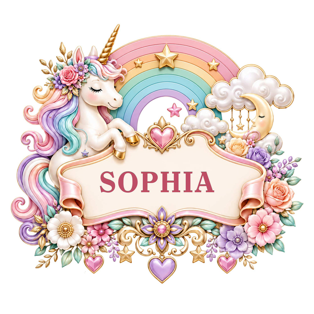 Colorful unicorn metal sign with rainbow, sleeping moon, flowers, stars, hearts, and ornate decorative frame