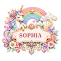 Colorful unicorn metal sign with rainbow, sleeping moon, flowers, stars, hearts, and ornate decorative frame