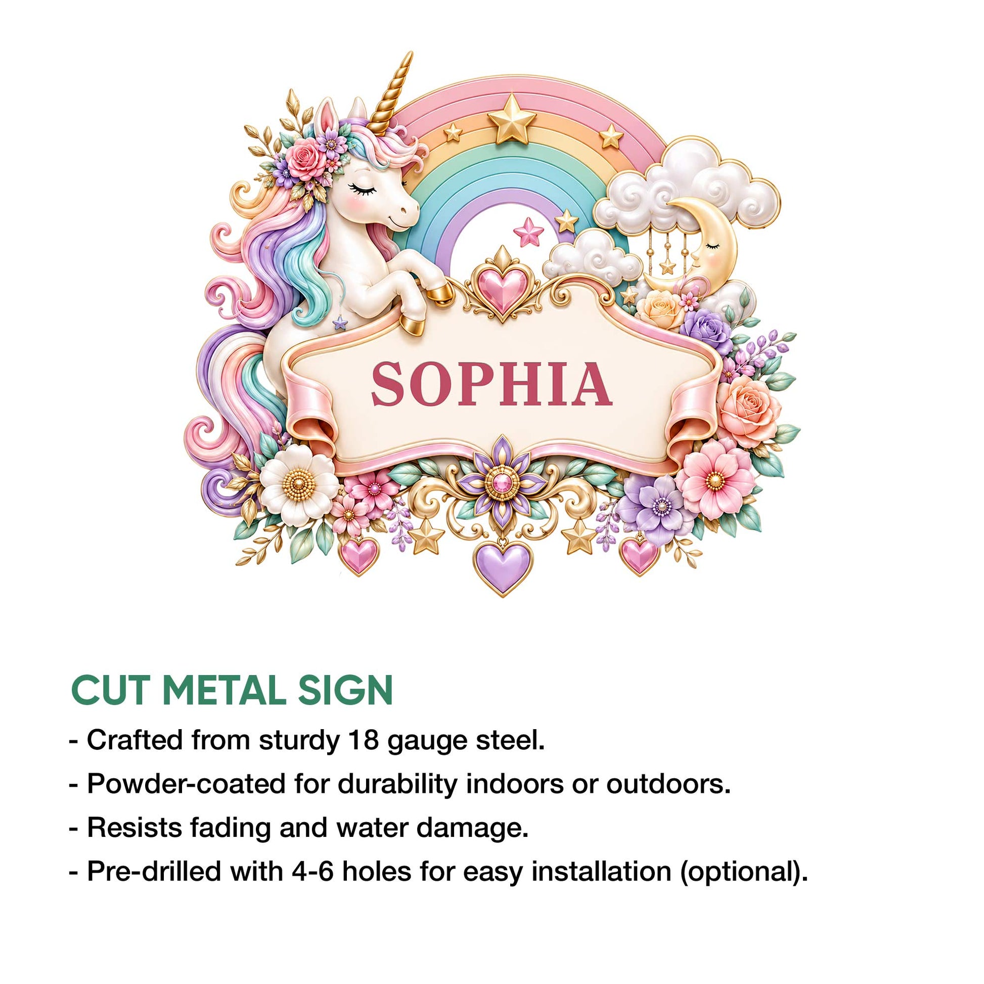 Unicorn metal sign feature graphic showing the rainbow artwork and cut metal sign presentation